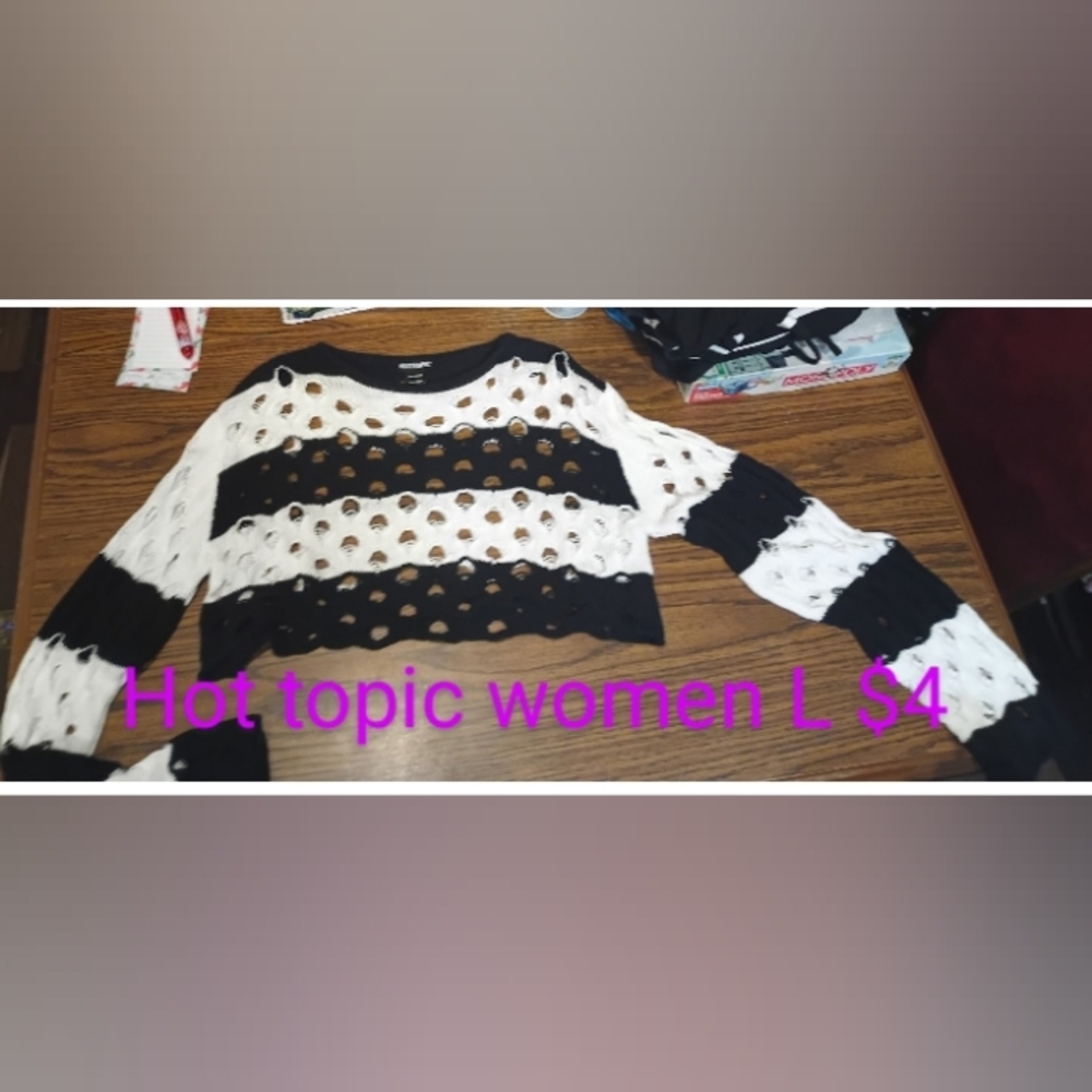 Black and White Striped Open Knit Cropped Sweater